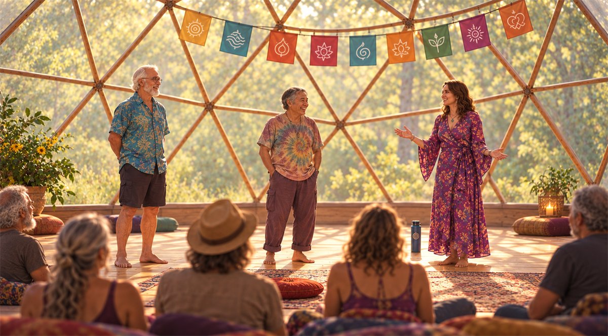 A workshop circle seated on cushions inside a geodesic dome