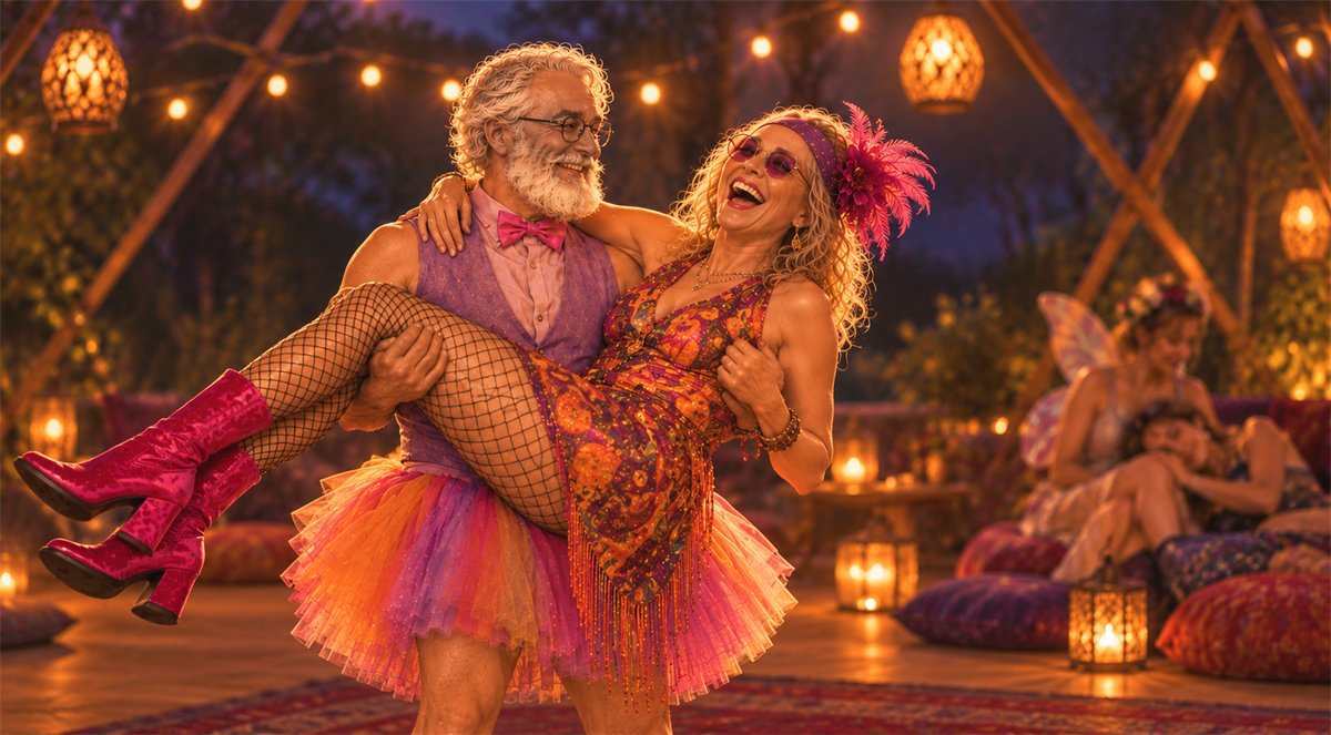 Two people in colourful festival dress laughing, one carrying the other