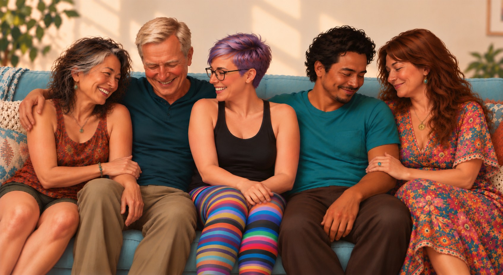 Five friends sitting close together on a couch, smiling